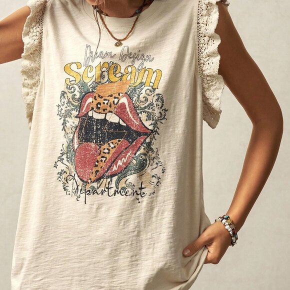 White Casual Women's Boho Knit Crew Neck Sleeveless Loose Fit Tank Top - Picture 4 of 7